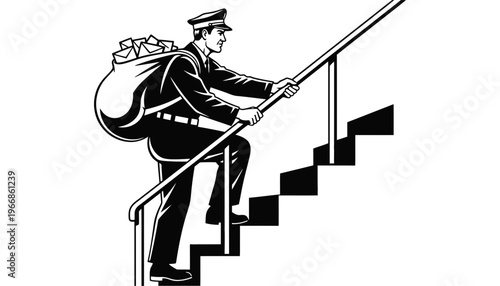 A mailman climbing stairs with a large mail bag on his back