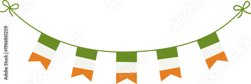 Minimalist vector illustration of an Irish flag bunting garland for St. Patrick's Day. Decorative hanging flags isolated on white background for party invitation or festive banner.