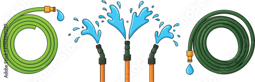 Garden Hose Set with Water Spray Nozzles Coiled Pipes and Splashing Water Flow Elements for Gardening Irrigation Equipment Collection Design