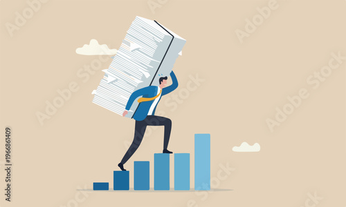 Effort or hard or pressure weight, challenge to climb career ladder, motivation or efficiency concept, businessman carry heavy document paper step on growth graph