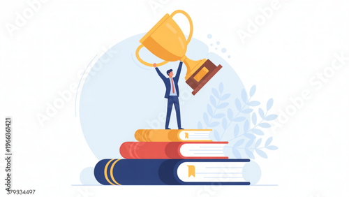 Minimalist 2D illustration of achievement and education concept showing person in blue suit triumphantly raising trophy on colorful book stack
