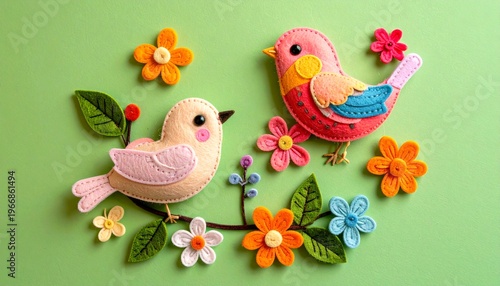 Two adorable handmade felt birds perched on a floral branch.