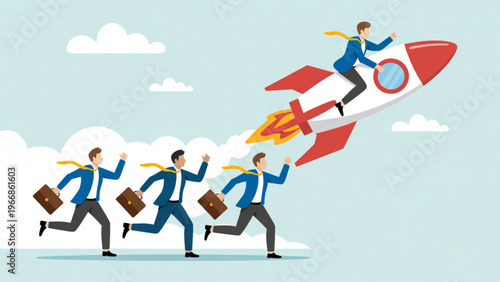 Minimalist vector concept of businesspeople carrying briefcases on cloud with rocket launch representing achievement, career growth, and teamwork
