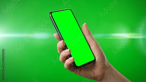 A hand holding a smartphone with a green screen in front of a green background for video content