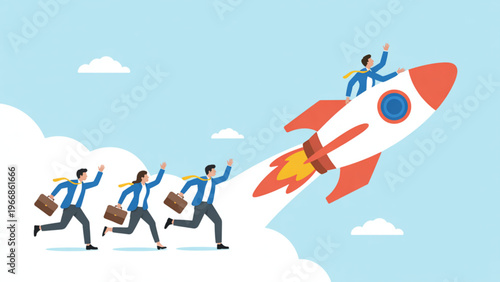Minimalist vector concept of businesspeople carrying briefcases on cloud with rocket launch representing achievement, career growth, and teamwork