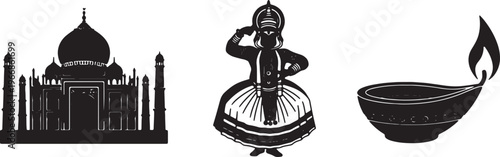 Indian icons, cultural symbols, vector illustrations, black and white graphics isolated on Transparent Background