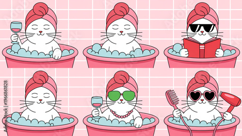 Cute cartoon illustration grid of white cat relaxing in pink bathtub with bubbles towel turban wine book and accessories playful spa vector design