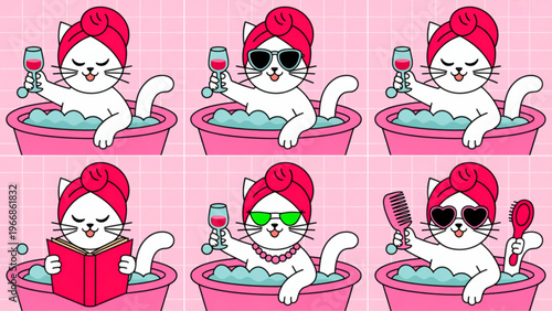 Cute cartoon illustration grid of white cat relaxing in pink bathtub with bubbles towel turban wine book and accessories playful spa vector design
