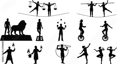 Circus performance silhouette collection featuring tightrope walkers lion tamer jugglers unicyclists fire breathers acrobats and gymnasts isolated on a clean white background for design