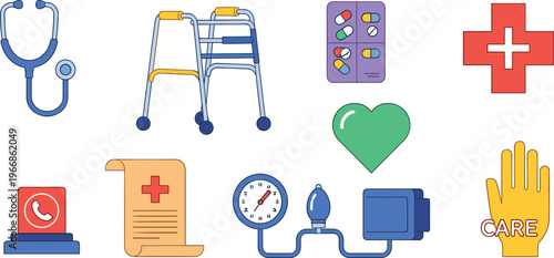 Healthcare and Medical Icons Set with Stethoscope, Walker, and First Aid Symbols for Care and Treatment