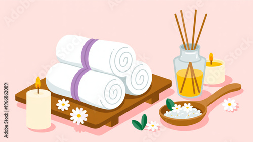 Minimalist spa illustration with rolled towels, lit candle, and reed diffuser on wooden platform relaxing wellness vector design