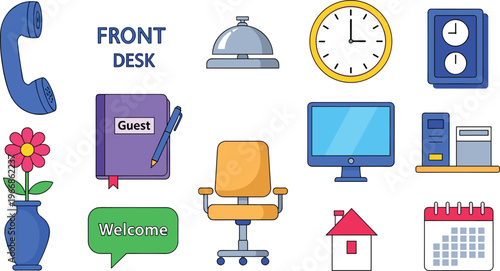 Hotel Reception and Office Icons Set with Phone, Clock, and Guest Service Symbols for Hospitality and Front Desk