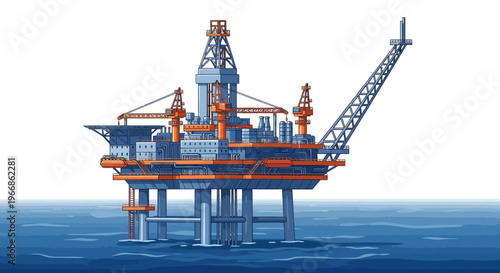 An offshore oil rig illustration with a factory-like structure on stilts over water, featuring a crane and drilling equipment, set against a clean white background with a focus on natural
