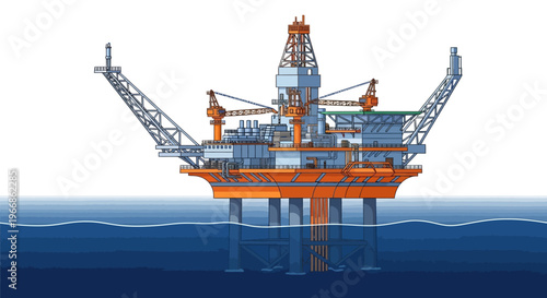 An offshore oil rig illustration with a large orange and blue structure standing in the ocean against a clean white background, symbolizing natural resources and business operations.