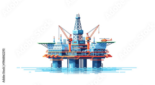 An offshore oil rig illustration with a vibrant color scheme, featuring a factory-like structure with cranes and platforms, set against a clean white background, representing natural