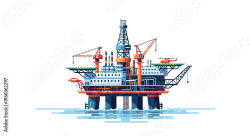 An offshore oil rig illustration with a factory and natural resources on a blue background, symbolizing crude oil drilling and business operations in the global energy industry.