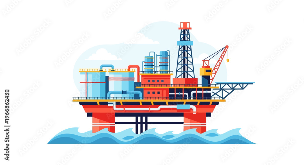 Naklejka premium An offshore oil rig illustration with a crane and drilling equipment on a blue water background, symbolizing crude oil extraction and natural resources.