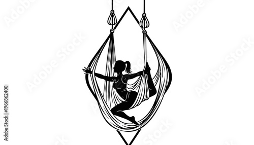 Aerial yoga swing silhouette of a woman in a hammock