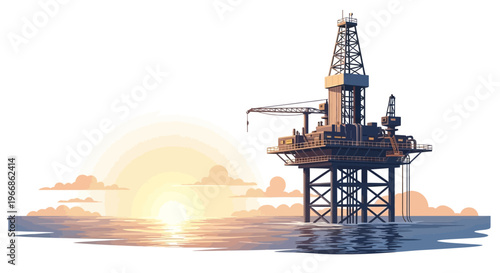 An offshore oil rig illustration with a factory-like structure standing in the water against a vibrant sunset background, symbolizing crude oil drilling and natural resources extraction in