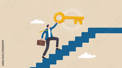 Minimalist business illustration of person climbing stairs reaching golden key symbolizing success opportunity and achievement flat vector design