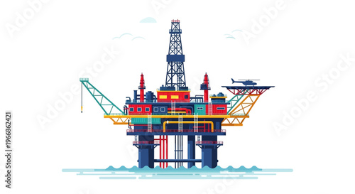 Vector illustration of an offshore oil rig with a vibrant color scheme, featuring a factory and drilling equipment against a clean white background, representing natural resources and