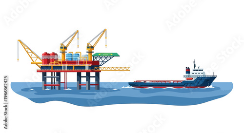 An offshore oil rig with a tanker ship sailing nearby, set against a clean white background, with a focus on natural resources and business operations in a vector illustration style.