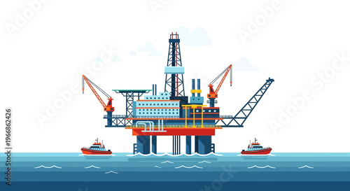 An offshore oil rig illustration with a factory and natural resources in the background, depicting crude oil drilling and production in a vector art design.