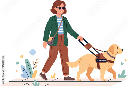 Woman walking service dog outside.