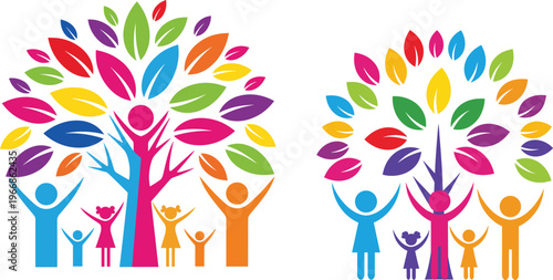 Colorful illustration of a family tree with people as branches and vibrant leaves representing community growth support and togetherness on white background