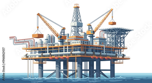An offshore oil rig illustration with drilling equipment and cranes on a blue water background, representing a natural resource factory for crude oil production in a business setting.