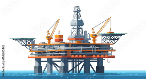 An offshore oil rig illustration with cranes and drilling equipment on a blue water background, symbolizing natural resource extraction and business operations.
