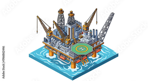 An isometric illustration of an offshore oil rig with drilling equipment on a blue water background, symbolizing natural resource extraction and business operations.