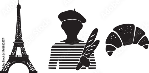 French icons, Paris symbols, Eiffel Tower, croissant, beret isolated on Transparent Background