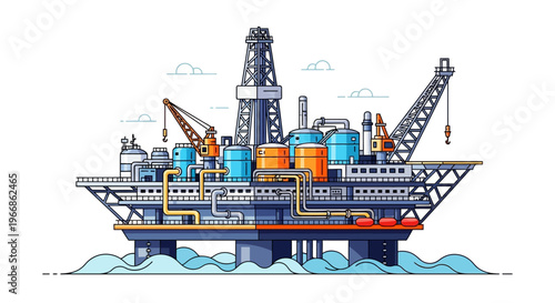Vector illustration of an offshore oil rig with drilling equipment and structures on water, representing crude oil production and natural resources extraction for business and industry.