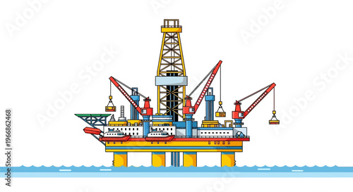 An offshore oil rig illustration with a drilling platform and cranes on a body of water, used for crude oil extraction in a natural resources setting, with a colorful design on a white