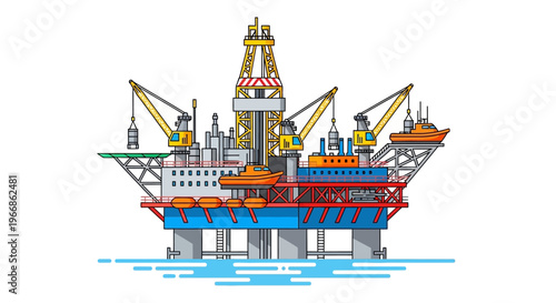 Vector illustration of an offshore oil rig with drilling equipment and cranes on a blue water background, representing natural resources and business operations.