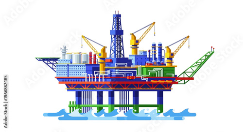 Vector illustration of an offshore oil rig with cranes and drilling equipment in a colorful design on a white background.