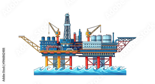 An offshore oil rig illustration with cranes and drilling equipment on a blue ocean background, symbolizing natural resource extraction and business operations.