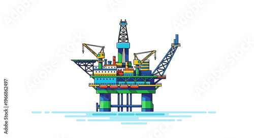 Vector illustration of an offshore oil rig with drilling equipment and cranes on a white background, representing natural resources and business operations.