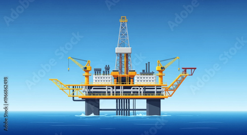Vector illustration of an offshore oil rig in the middle of the ocean with a clear blue sky and water background, used for business and natural resources concepts.