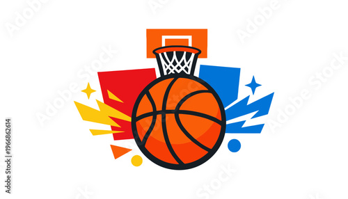 A vibrant basketball illustration with colorful abstract background elements