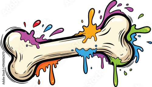Creative dog bone vector illustration with colorful paint splatter and dripping ink in bold street art style