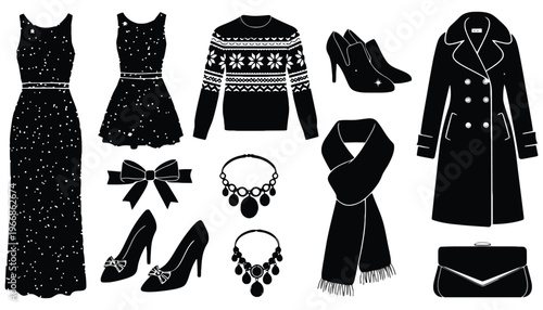 Fashion clothing vector silhouette illustration of women's winter accessories and outfits
