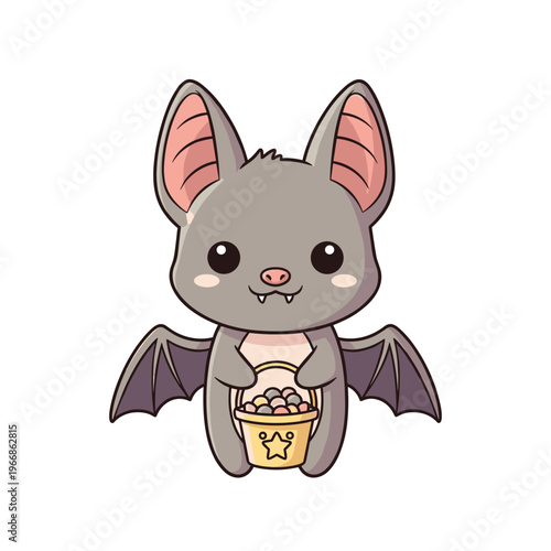 Cute cartoon bat holding a bucket of candy with big ears  