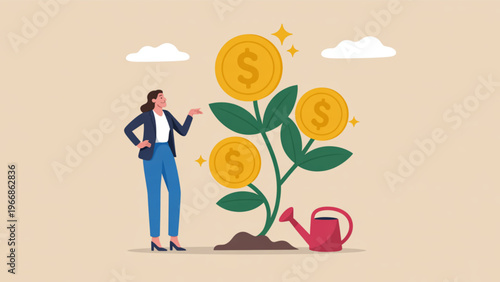 Modern vector concept of financial growth featuring businesswoman, money tree with golden coins, and watering can simple flat illustration