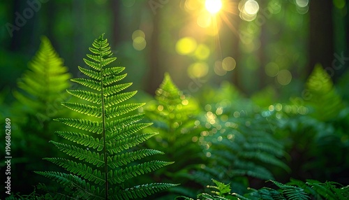 Sunlight filtering through lush green fern forest canopy creating a magical atmosphere.