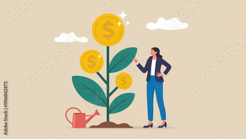 Modern vector concept of financial growth featuring businesswoman, money tree with golden coins, and watering can simple flat illustration