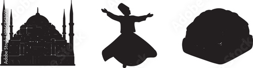 Whirling Dervish, Mosque, Turkish, Cultural Icons, Black Silhouettes isolated on Transparent Background