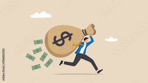Cartoon style vector of businessman carrying cash sack while running dynamic finance, profit, and wealth movement illustration