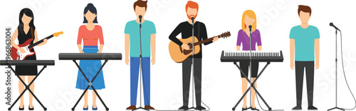 Music Band Performing with Guitar Keyboard and Microphone Featuring Male and Female Musicians Live Concert Entertainment Vector Illustration Set